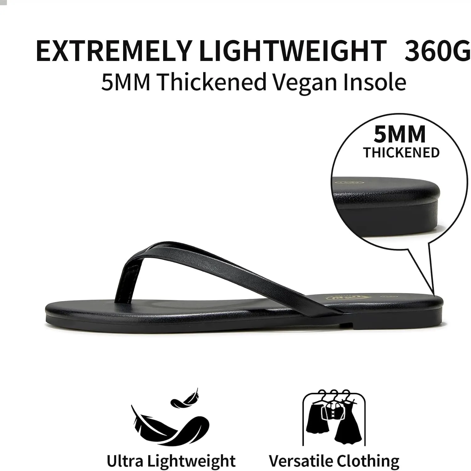 Trary Round Toe Memory Foam Sandals for Women, Vegan Leather Non-Slip Beach Pool Travel Flip Flops, Comfortable Summer Casual Shoes with 5mm Cushion