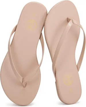 Trary Round Toe Memory Foam Sandals for Women, Vegan Leather Non-Slip Beach Pool Travel Flip Flops, Comfortable Summer Casual Shoes with 5mm Cushion