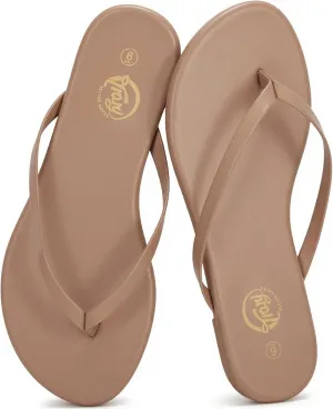 Trary Round Toe Memory Foam Sandals for Women, Vegan Leather Non-Slip Beach Pool Travel Flip Flops, Comfortable Summer Casual Shoes with 5mm Cushion