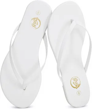 Trary Round Toe Memory Foam Sandals for Women, Vegan Leather Non-Slip Beach Pool Travel Flip Flops, Comfortable Summer Casual Shoes with 5mm Cushion