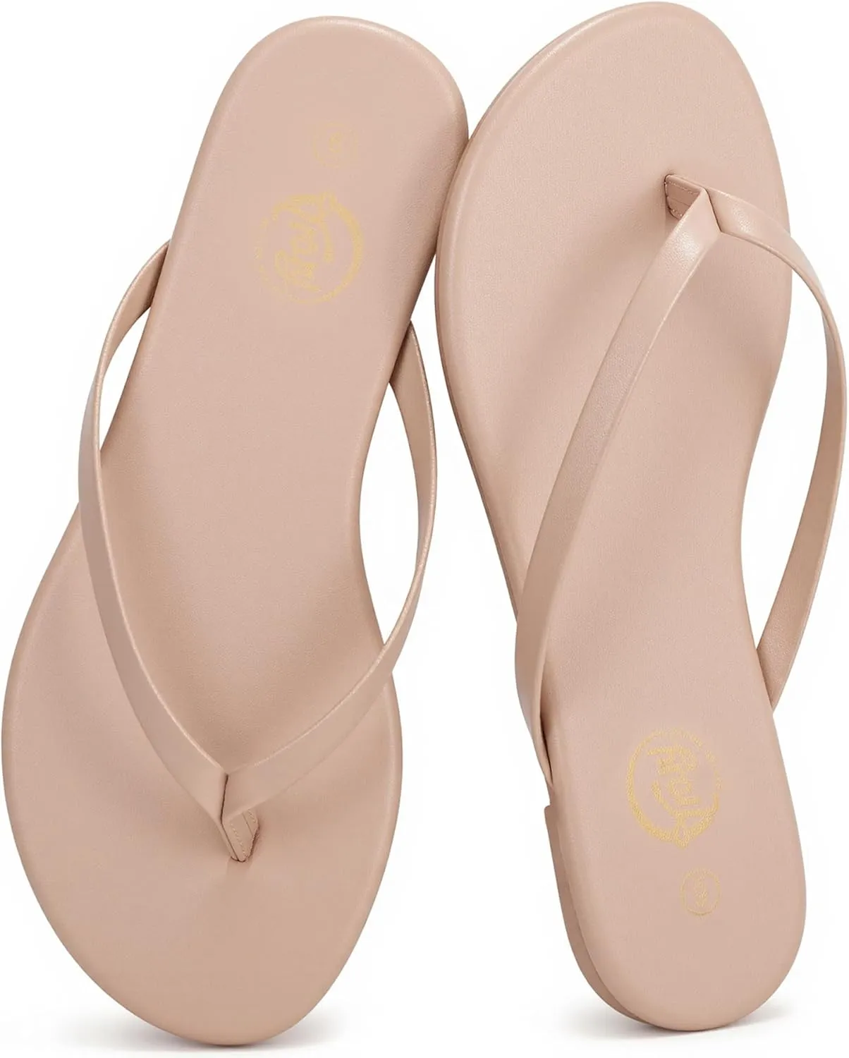 Trary Round Toe Memory Foam Sandals for Women, Vegan Leather Non-Slip Beach Pool Travel Flip Flops, Comfortable Summer Casual Shoes with 5mm Cushion