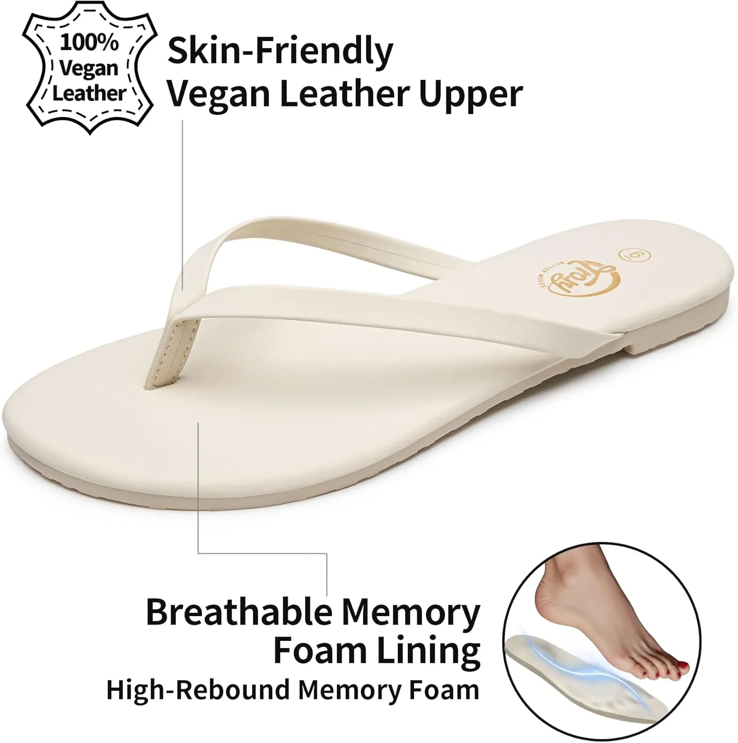 Trary Round Toe Memory Foam Sandals for Women, Vegan Leather Non-Slip Beach Pool Travel Flip Flops, Comfortable Summer Casual Shoes with 5mm Cushion