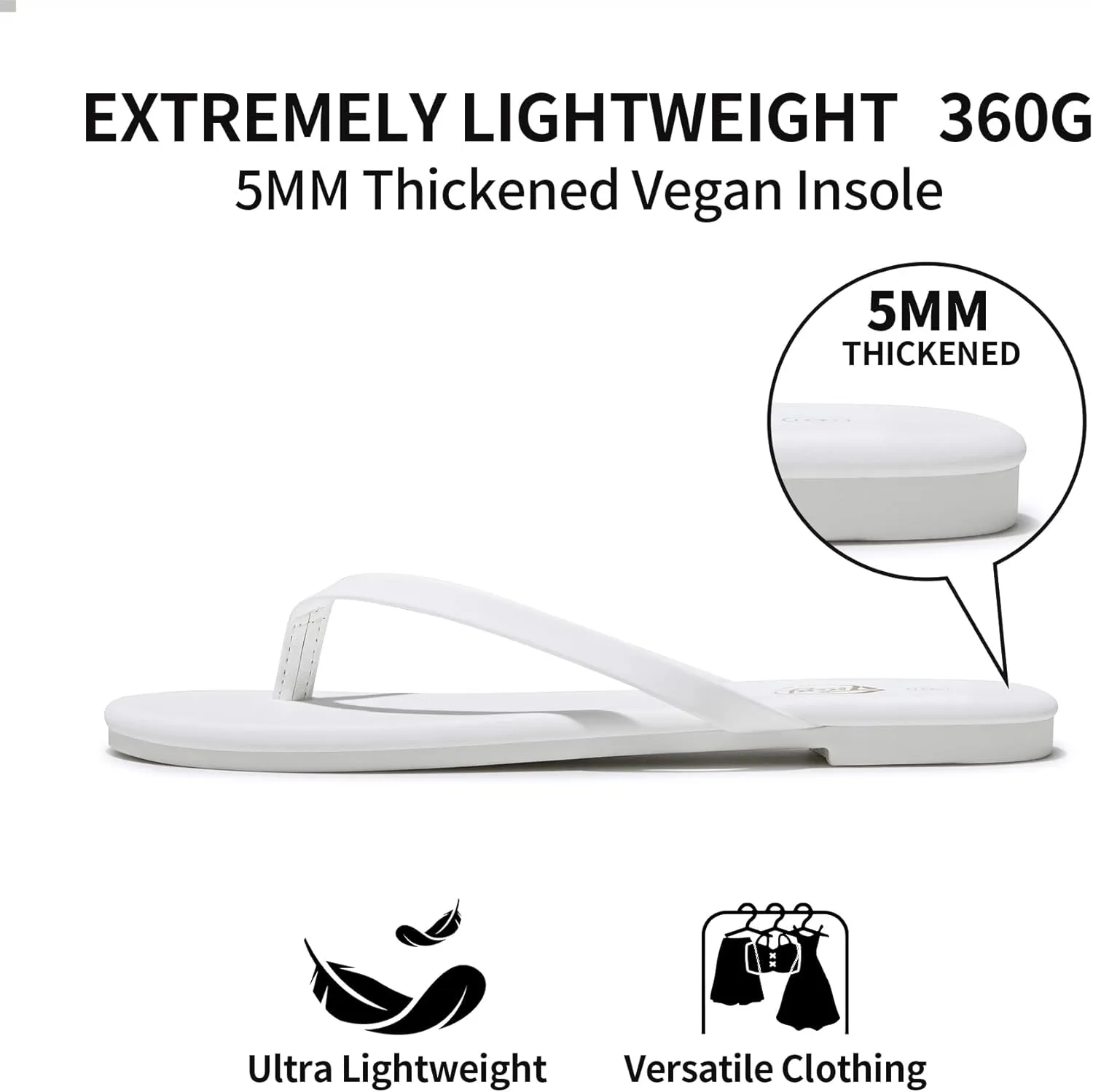 Trary Round Toe Memory Foam Sandals for Women, Vegan Leather Non-Slip Beach Pool Travel Flip Flops, Comfortable Summer Casual Shoes with 5mm Cushion
