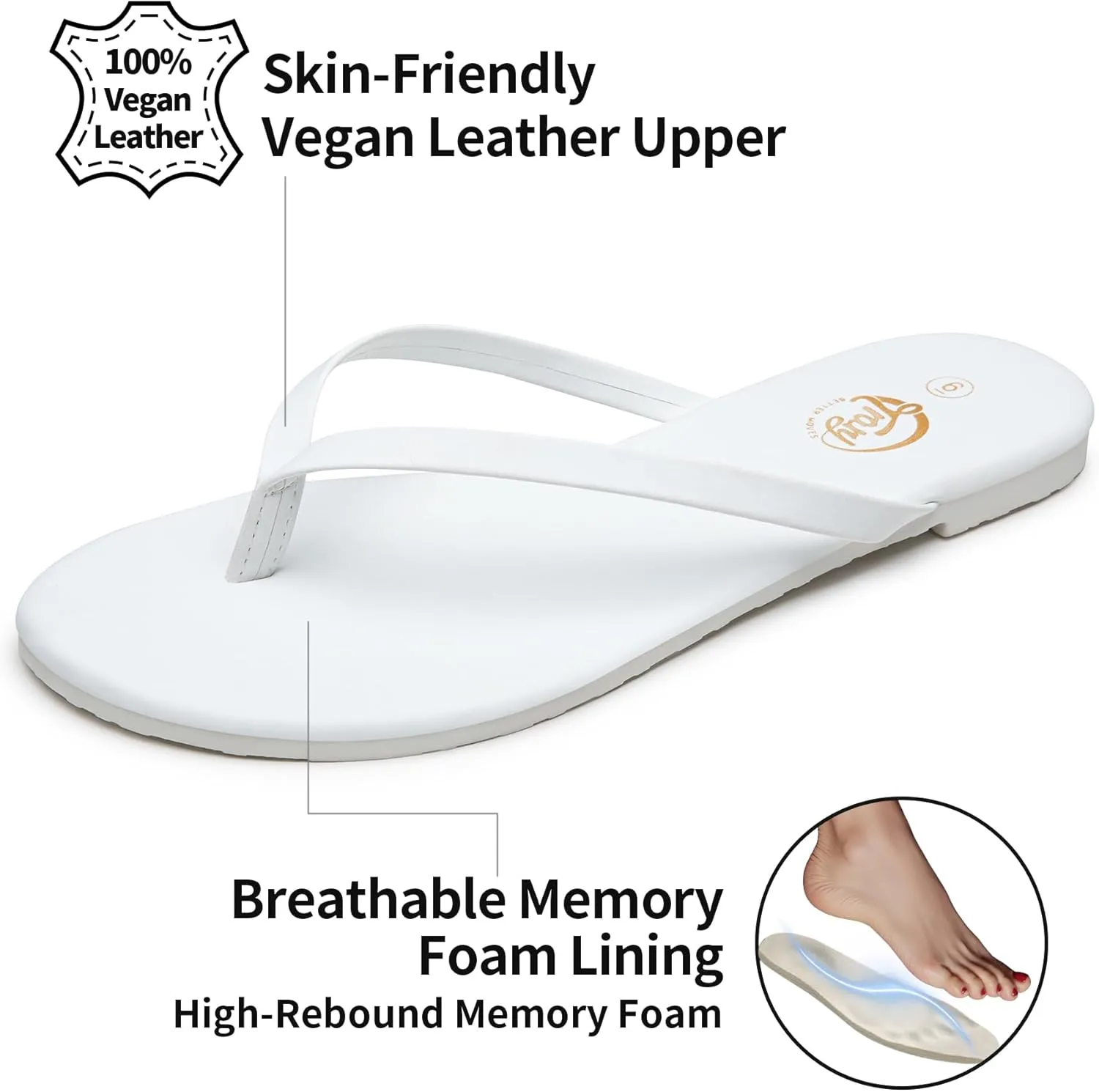 Trary Round Toe Memory Foam Sandals for Women, Vegan Leather Non-Slip Beach Pool Travel Flip Flops, Comfortable Summer Casual Shoes with 5mm Cushion