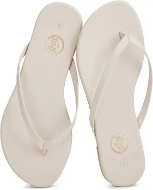 Trary Round Toe Memory Foam Sandals for Women, Vegan Leather Non-Slip Beach Pool Travel Flip Flops, Comfortable Summer Casual Shoes with 5mm Cushion