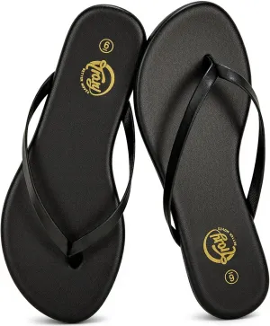 Trary Round Toe Memory Foam Sandals for Women, Vegan Leather Non-Slip Beach Pool Travel Flip Flops, Comfortable Summer Casual Shoes with 5mm Cushion