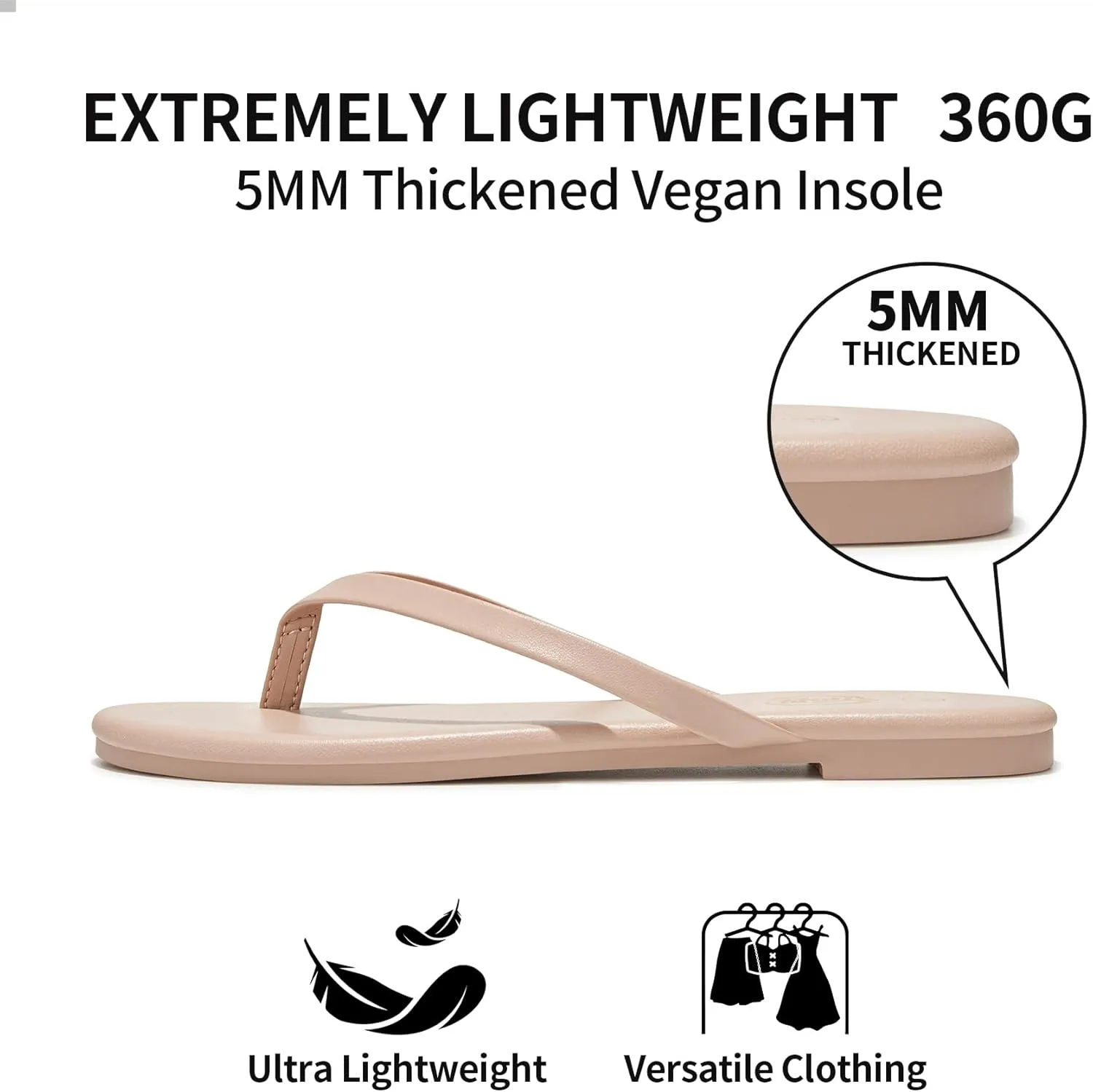 Trary Round Toe Memory Foam Sandals for Women, Vegan Leather Non-Slip Beach Pool Travel Flip Flops, Comfortable Summer Casual Shoes with 5mm Cushion