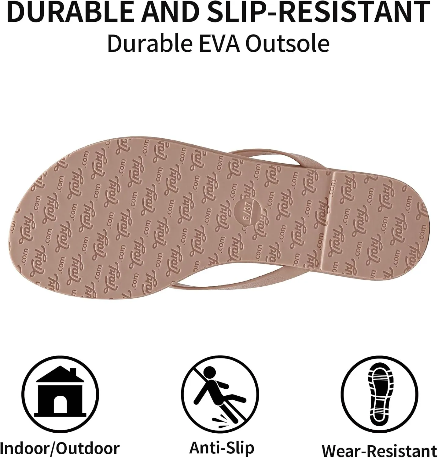Trary Round Toe Memory Foam Sandals for Women, Vegan Leather Non-Slip Beach Pool Travel Flip Flops, Comfortable Summer Casual Shoes with 5mm Cushion