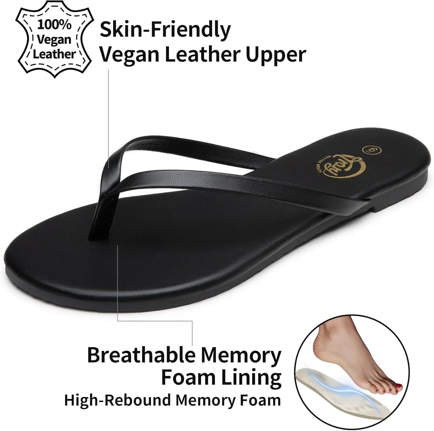 Trary Round Toe Memory Foam Sandals for Women, Vegan Leather Non-Slip Beach Pool Travel Flip Flops, Comfortable Summer Casual Shoes with 5mm Cushion