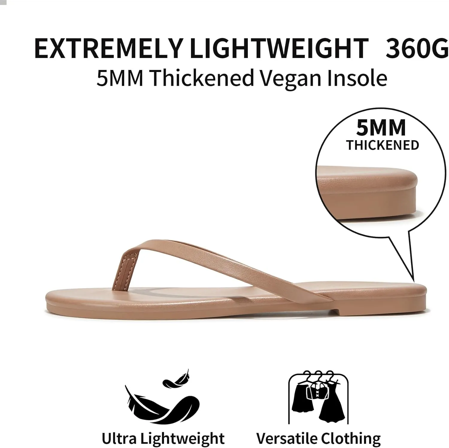 Trary Round Toe Memory Foam Sandals for Women, Vegan Leather Non-Slip Beach Pool Travel Flip Flops, Comfortable Summer Casual Shoes with 5mm Cushion