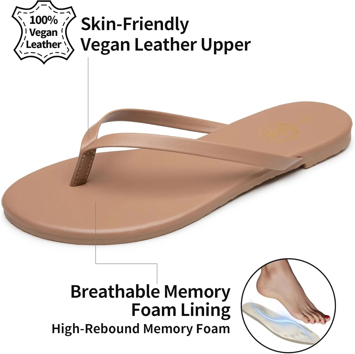 Trary Round Toe Memory Foam Sandals for Women, Vegan Leather Non-Slip Beach Pool Travel Flip Flops, Comfortable Summer Casual Shoes with 5mm Cushion