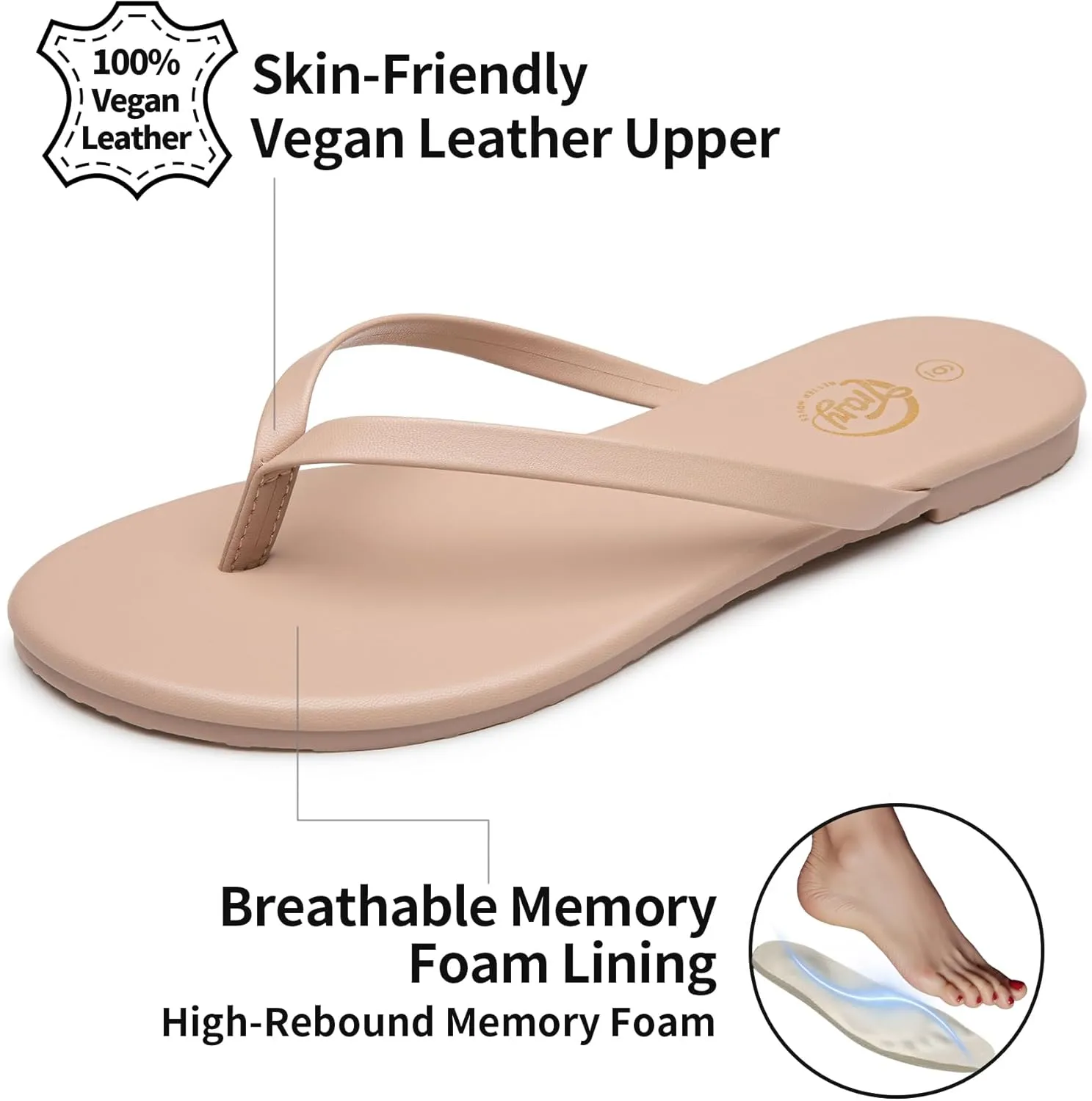 Trary Round Toe Memory Foam Sandals for Women, Vegan Leather Non-Slip Beach Pool Travel Flip Flops, Comfortable Summer Casual Shoes with 5mm Cushion