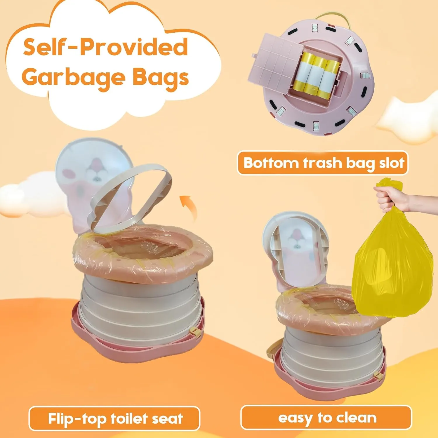 Travel Potty for Toddlers，Portable Potty Toddler ，Travel Foldable Potty ，for Travel，Camping，Park，Indoor/Outdoor,with 75 Disposable Bags，Cartoon Design, Children Will Like it More