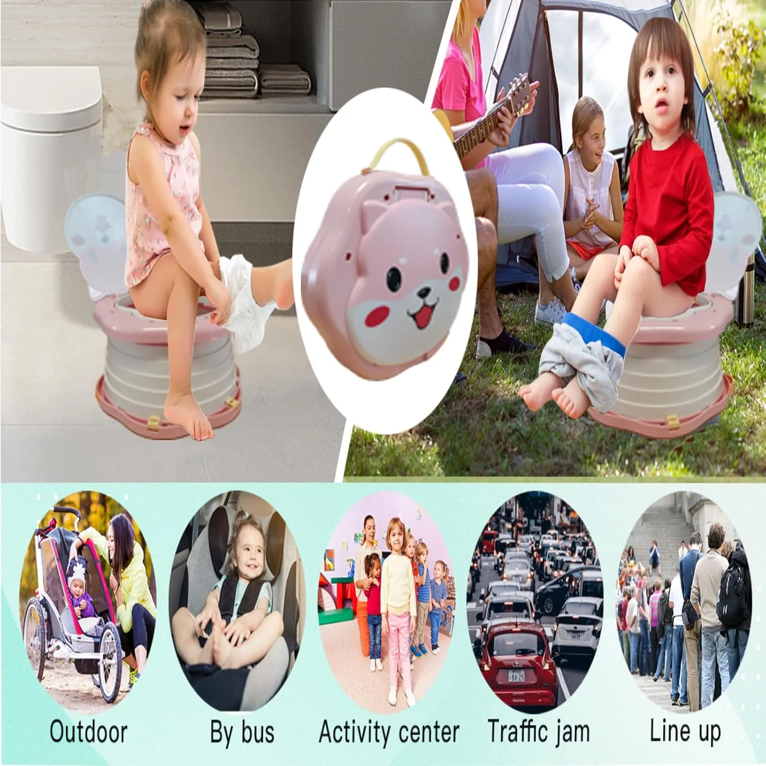 Travel Potty for Toddlers，Portable Potty Toddler ，Travel Foldable Potty ，for Travel，Camping，Park，Indoor/Outdoor,with 75 Disposable Bags，Cartoon Design, Children Will Like it More