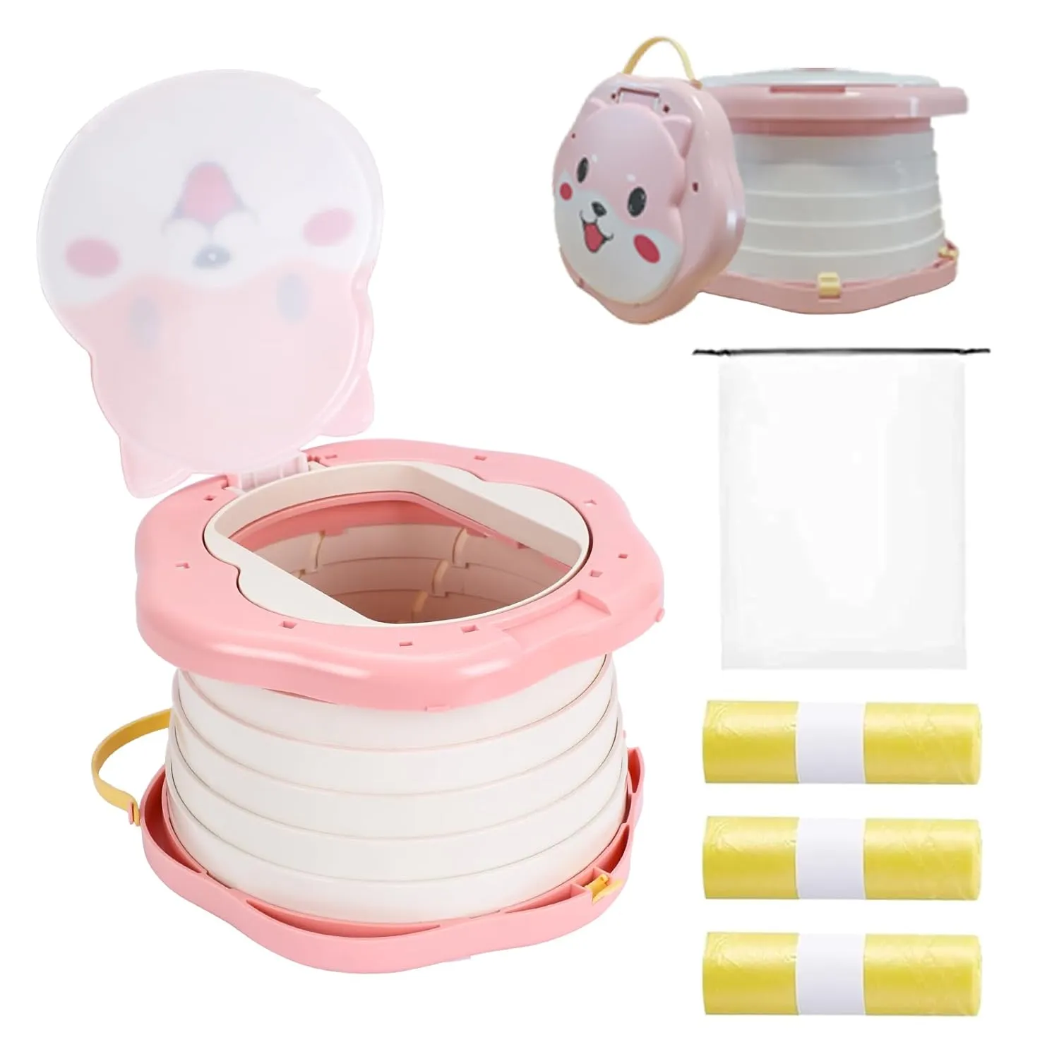 Travel Potty for Toddlers，Portable Potty Toddler ，Travel Foldable Potty ，for Travel，Camping，Park，Indoor/Outdoor,with 75 Disposable Bags，Cartoon Design, Children Will Like it More