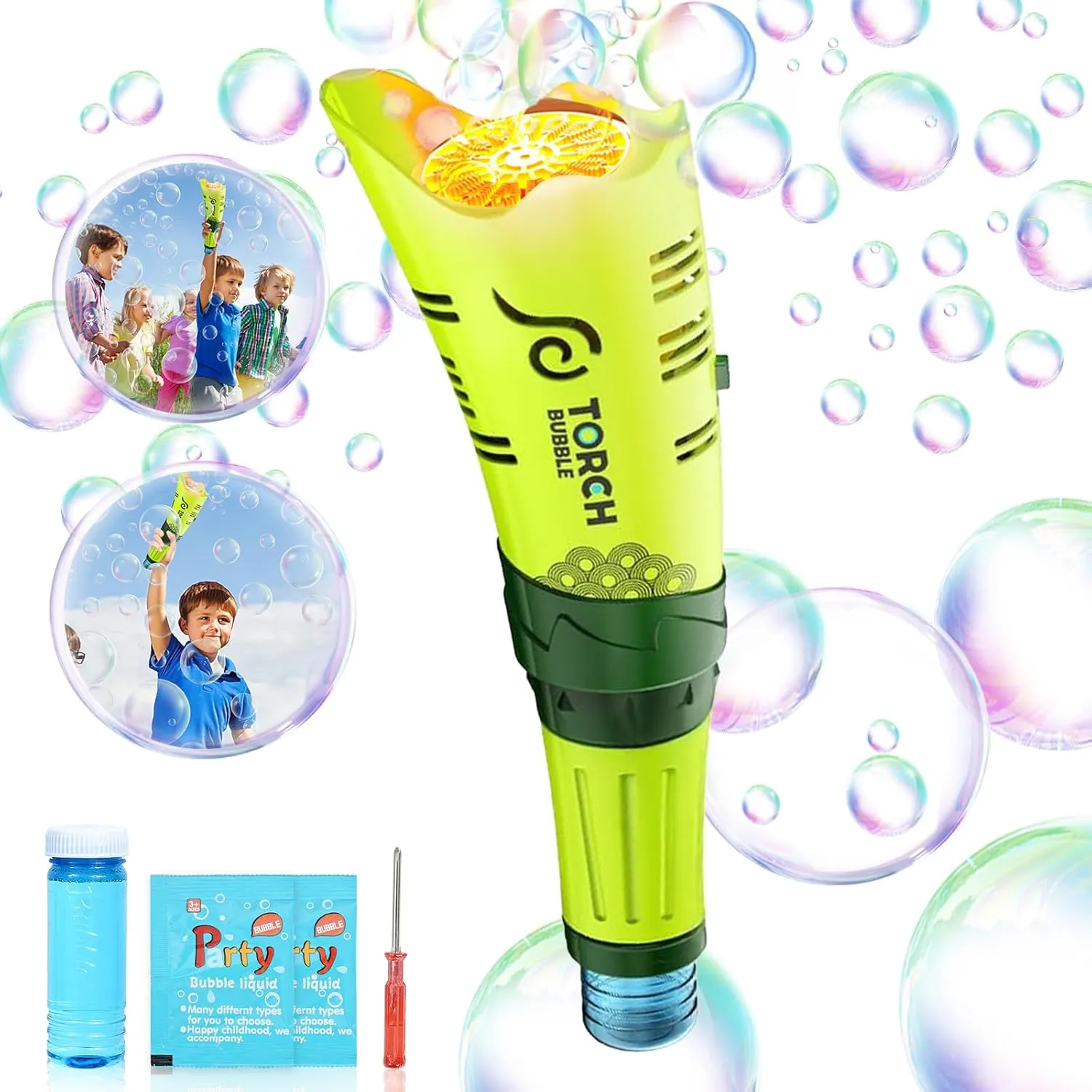 TRILVIX LED Torch 21-Hole Bubble Wand Toy for Kids Aged 3  Leak Proof Bubble Machine Bubble Gun with Refill Solution Outdoor Game Party Favor Summer Lawn Swimming Pool Birthday Wedding
