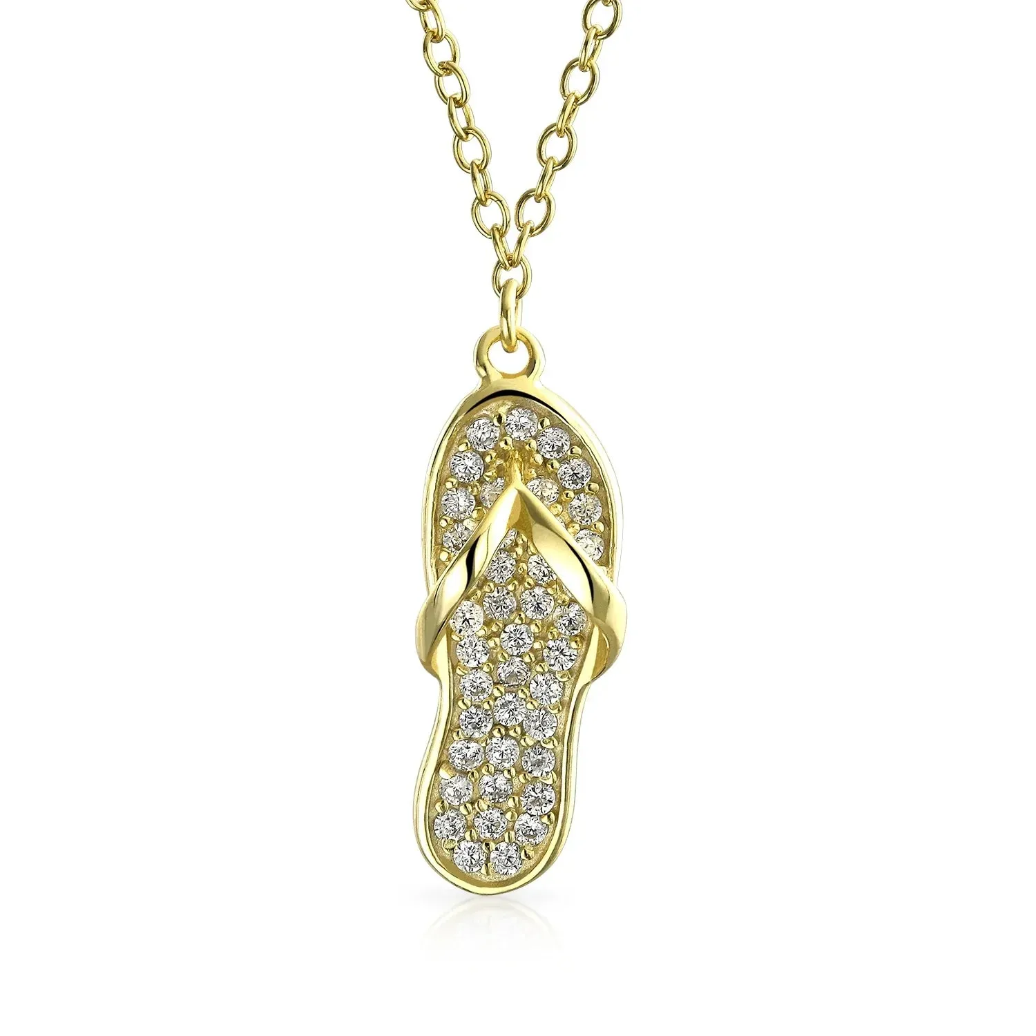 Tropical Nautical CZ Flip Flop Sandal Pendant Necklace 14K Gold Plated Silver