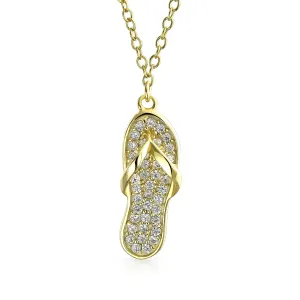 Tropical Nautical CZ Flip Flop Sandal Pendant Necklace 14K Gold Plated Silver