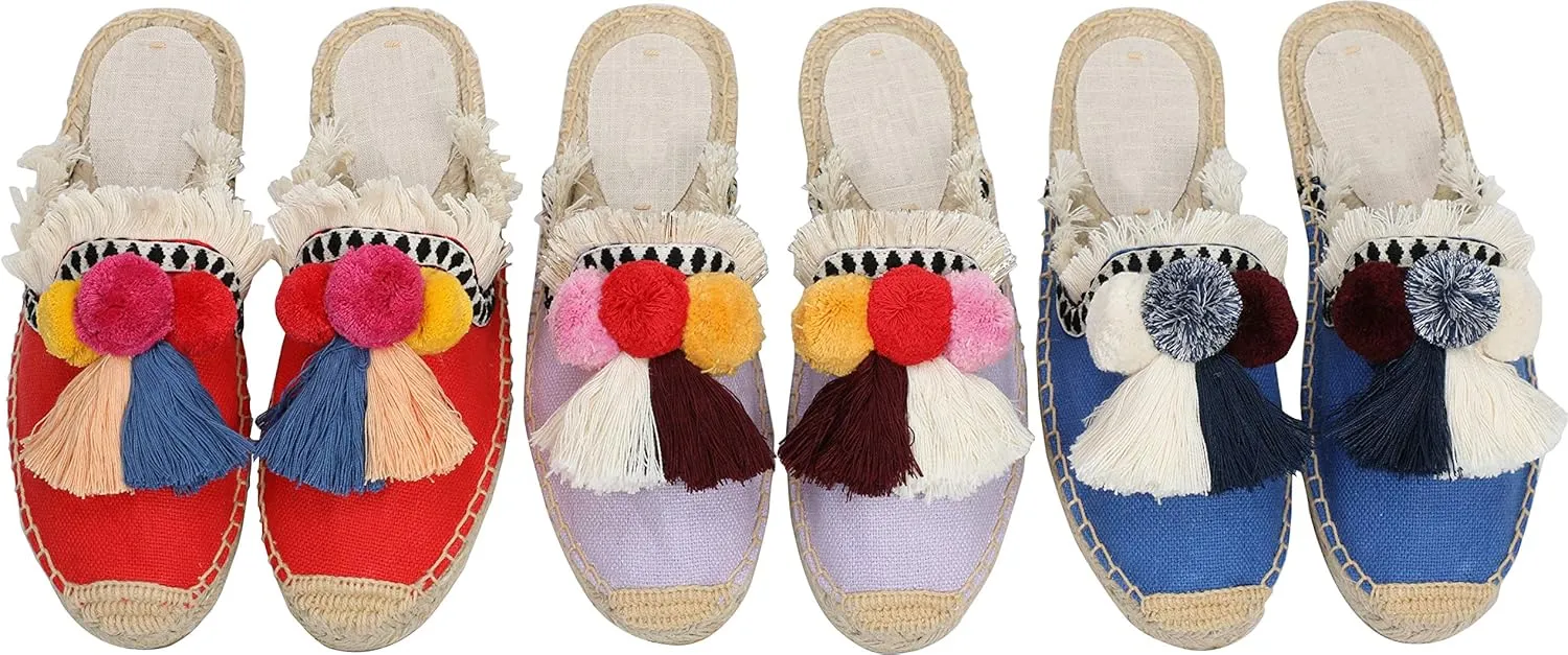 U-lite Women's Comfort Red Tassel & Fluffy Ball Embellishment Canvas Mule Shoes Espadrilles