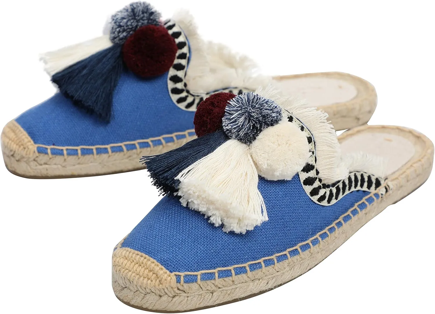 U-lite Women's Comfort Red Tassel & Fluffy Ball Embellishment Canvas Mule Shoes Espadrilles
