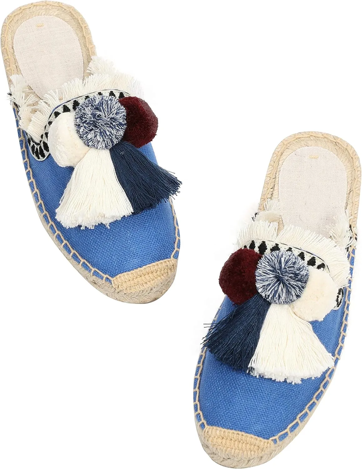 U-lite Women's Comfort Red Tassel & Fluffy Ball Embellishment Canvas Mule Shoes Espadrilles