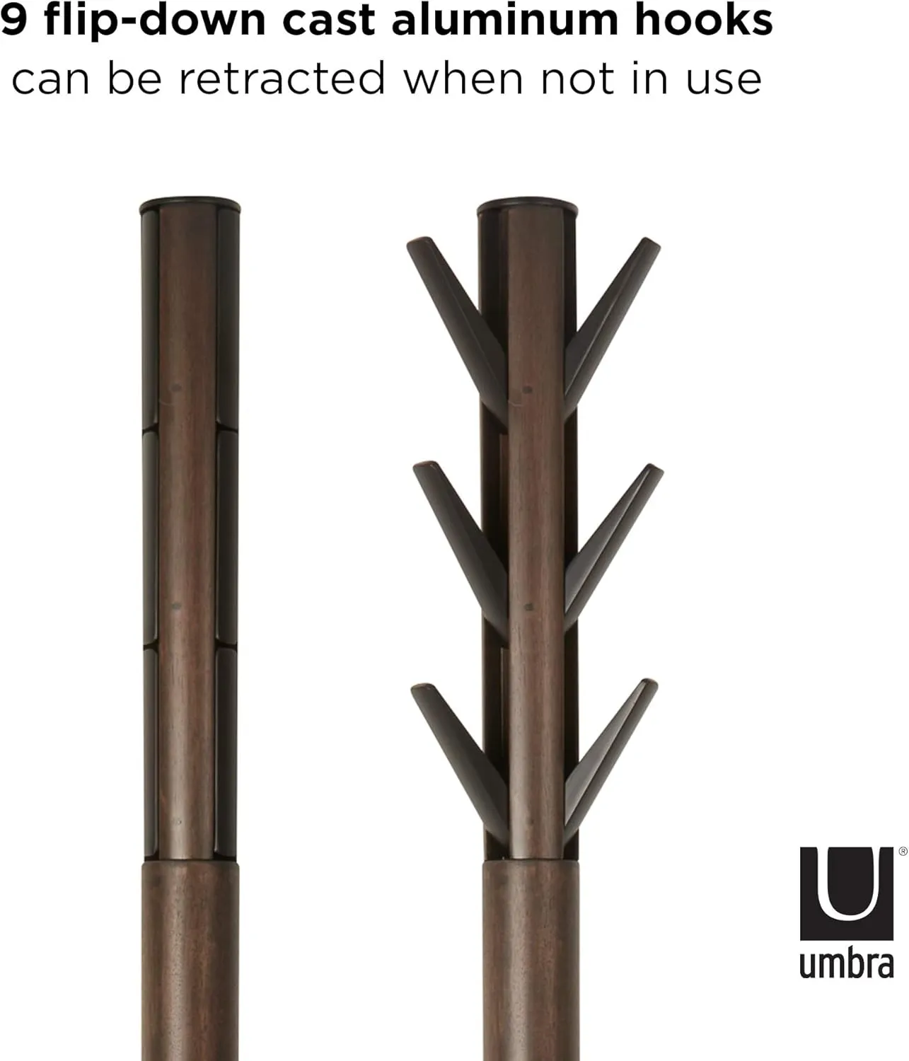 Umbra Flapper Coat Rack, Clothing Hanger, Umbrella Holder, and Hat Organizer, Great for Entryway, Black/Walnut (320361-048)