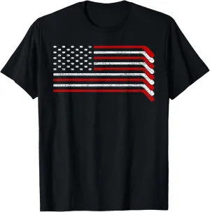 US Flag Hockey Stick Patriotic American Hockey Player Hockey T-Shirt