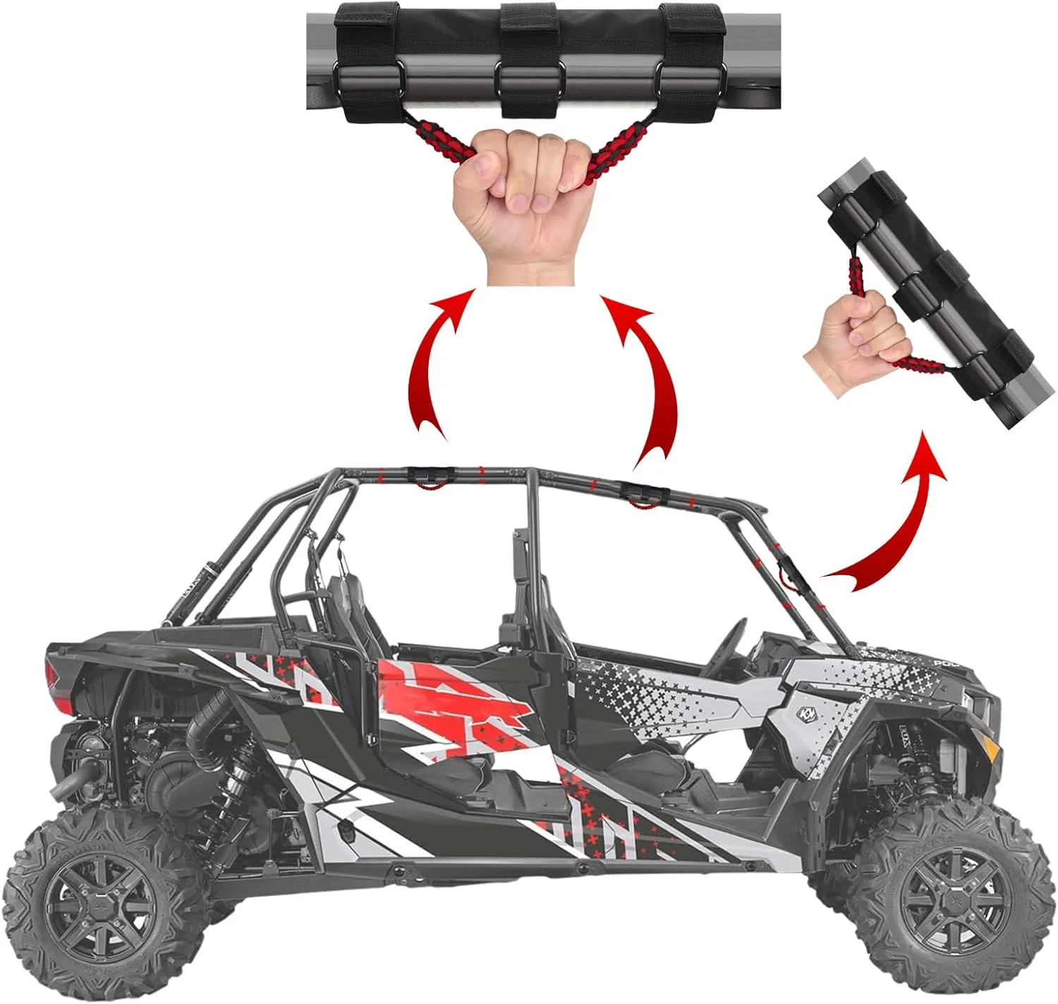 UTV Roll Bar Grab Handles for 1 5/8 to 2” Roll Cage Compatible with Honda Talon, Pioneer, Can Am Maverick X3, Kawasaki Teryx KRX Mule, Polaris RZR Ranger General, Yamaha YXZ (Red 2 Pack)