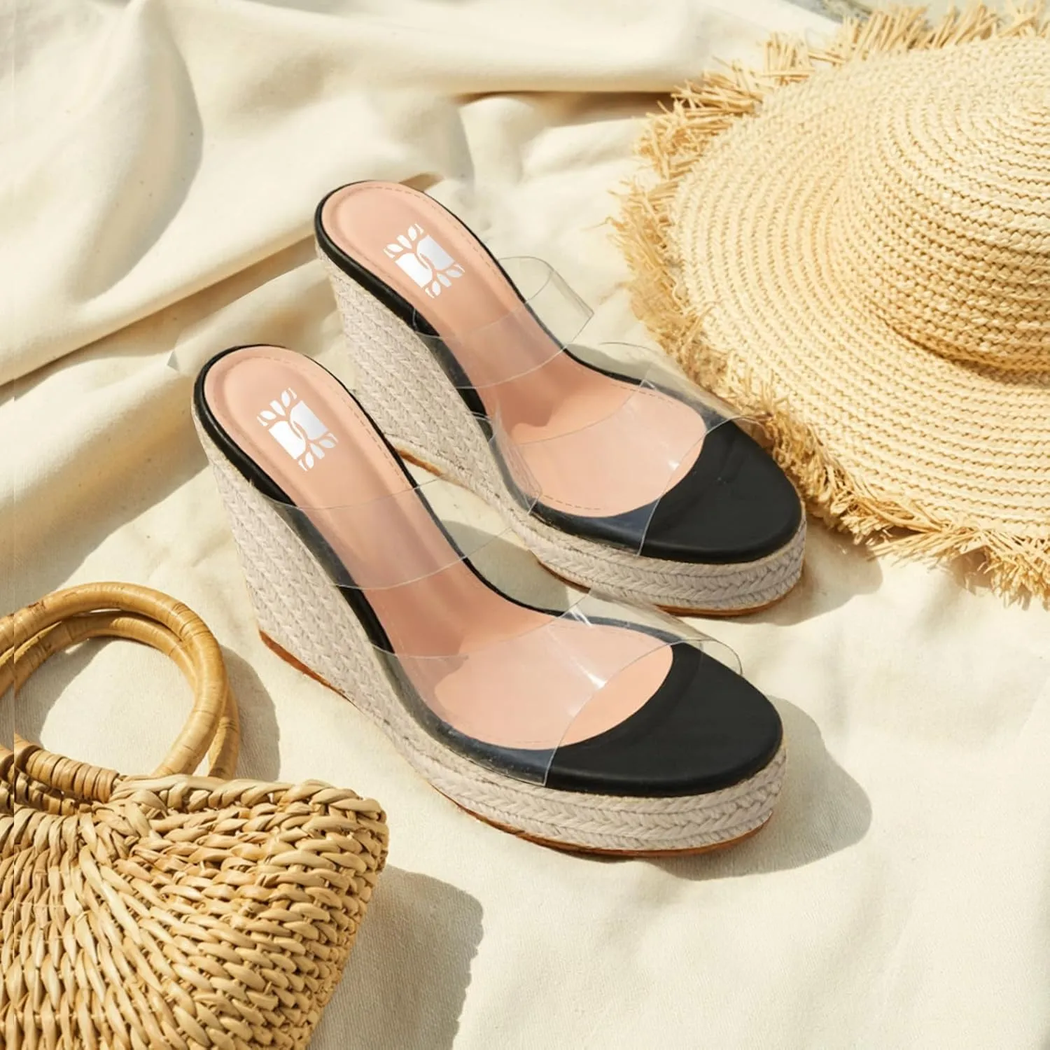 VARECOLA Women Slip On Espadrille Platform Wedge Sandals Slide Open Toe Clear High Heel Sandals