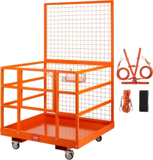 VEVOR Forklift Safety Cage, Forklift Man Basket 1400lbs Capacity, 43"x45" Work Platform with Safety Harness & Lock, Drain Hole & Wheels & Tool Basket, Perfect for Aerial Work