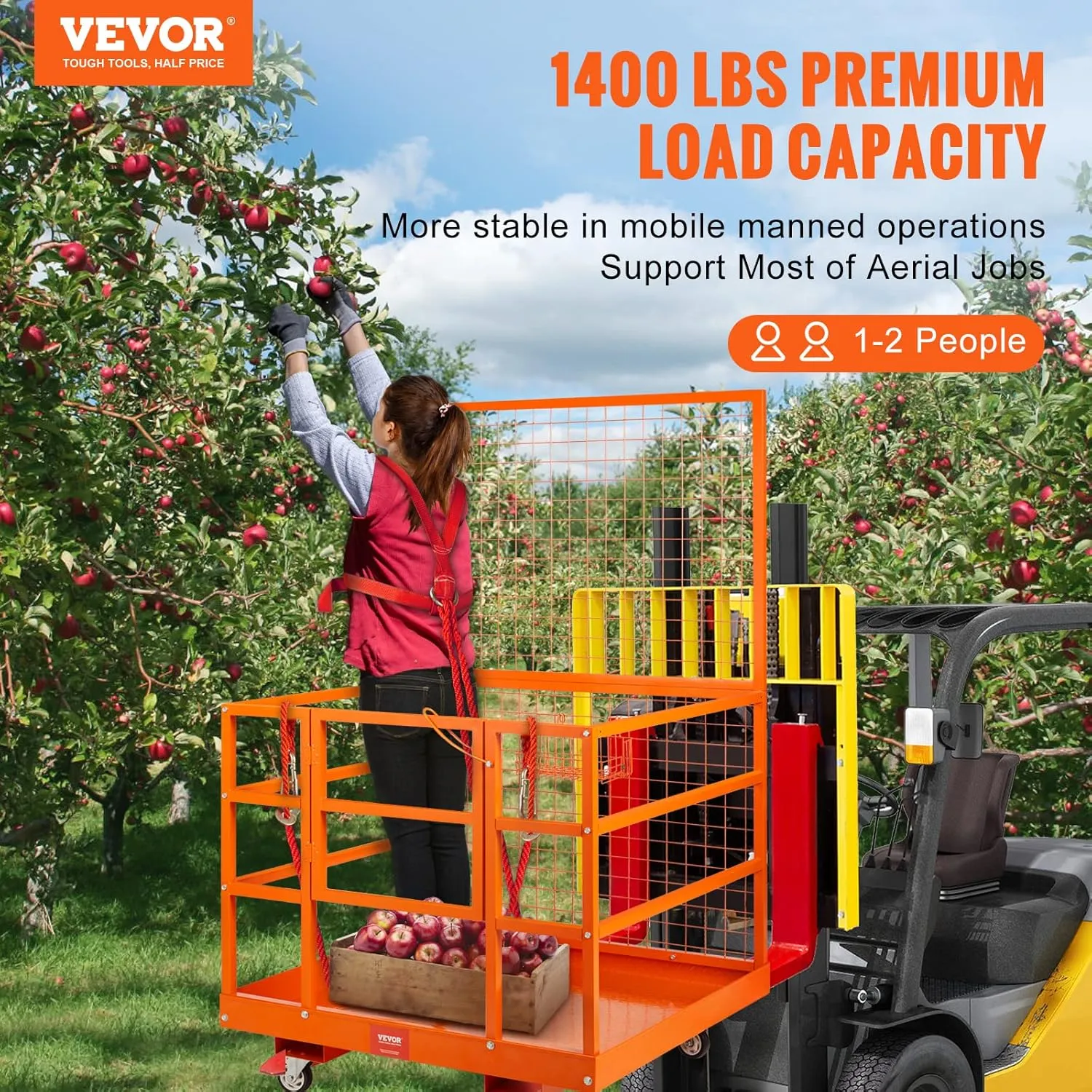 VEVOR Forklift Safety Cage, Forklift Man Basket 1400lbs Capacity, 43"x45" Work Platform with Safety Harness & Lock, Drain Hole & Wheels & Tool Basket, Perfect for Aerial Work