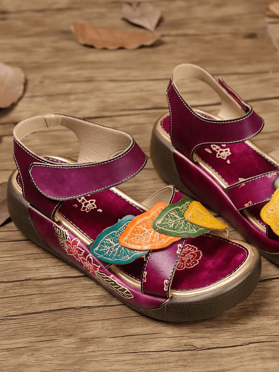 Vicconfy | GENUINE LEATHER FLORAL APPLIQUE PLATFORM ANKLE STRAP SANDAL