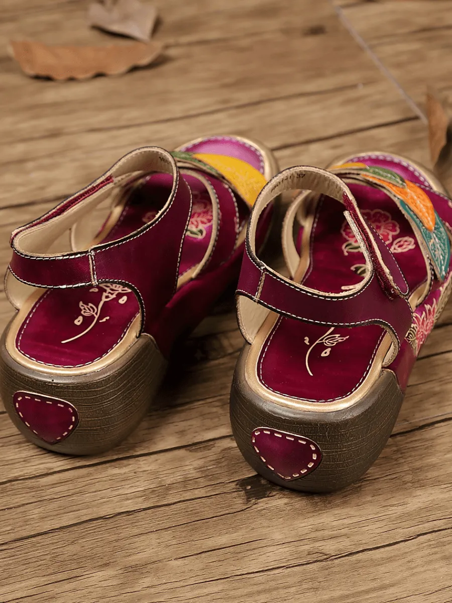Vicconfy | GENUINE LEATHER FLORAL APPLIQUE PLATFORM ANKLE STRAP SANDAL