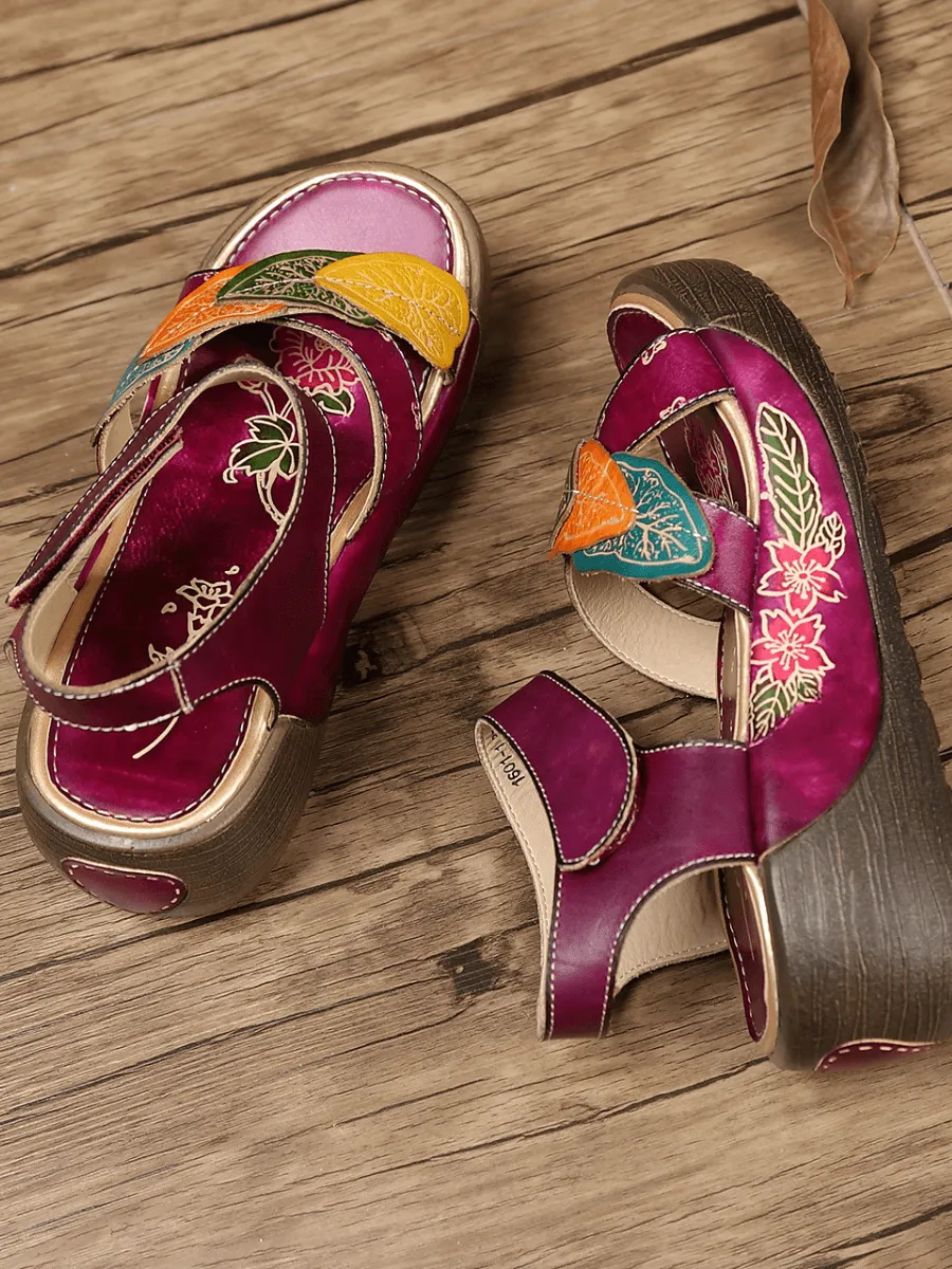 Vicconfy | GENUINE LEATHER FLORAL APPLIQUE PLATFORM ANKLE STRAP SANDAL