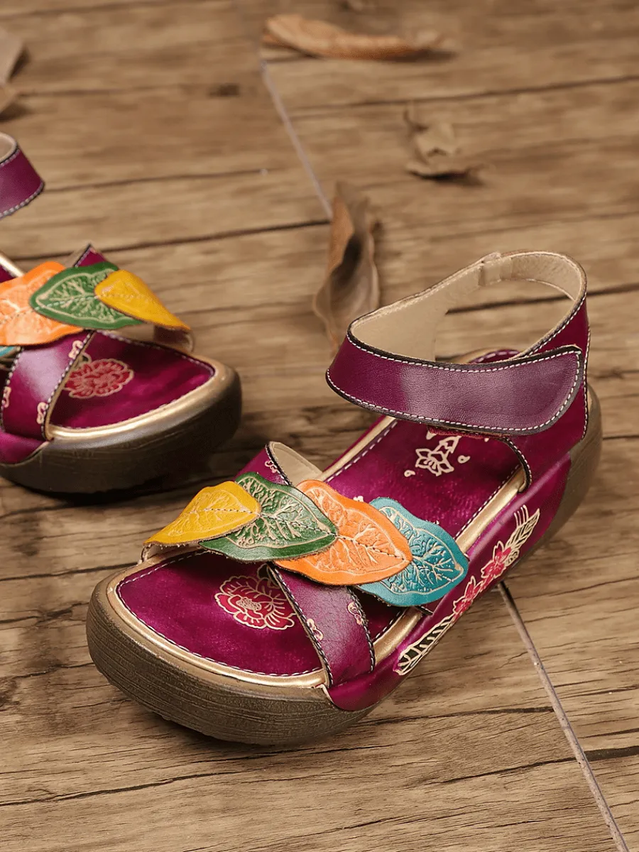 Vicconfy | GENUINE LEATHER FLORAL APPLIQUE PLATFORM ANKLE STRAP SANDAL