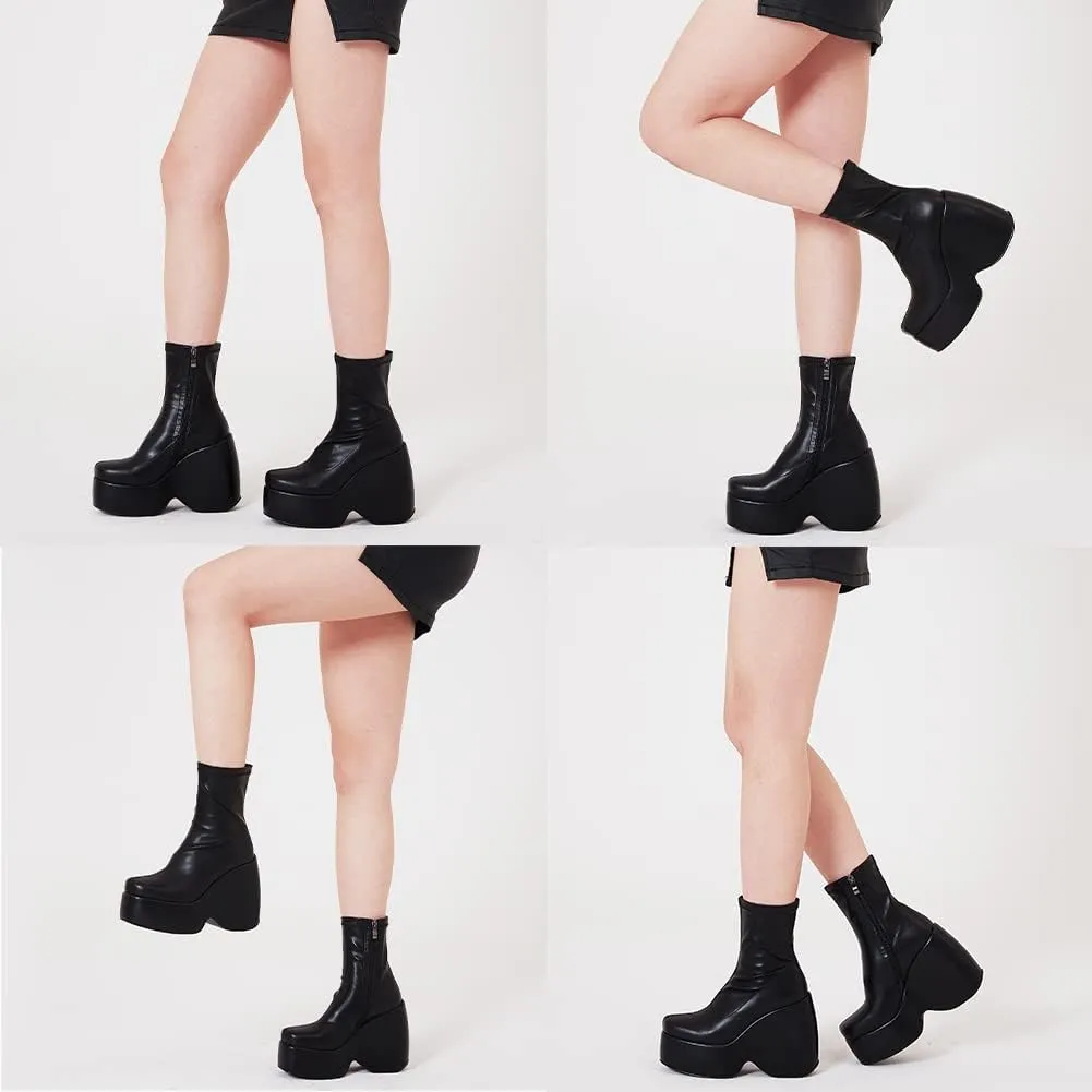 VOMIRA Women's Knee High Boots Pointed Toe Go Go Boots Chunky Block Heel Slide Zipper Mid Calf Boots Waterproof Leather Stretch Boots