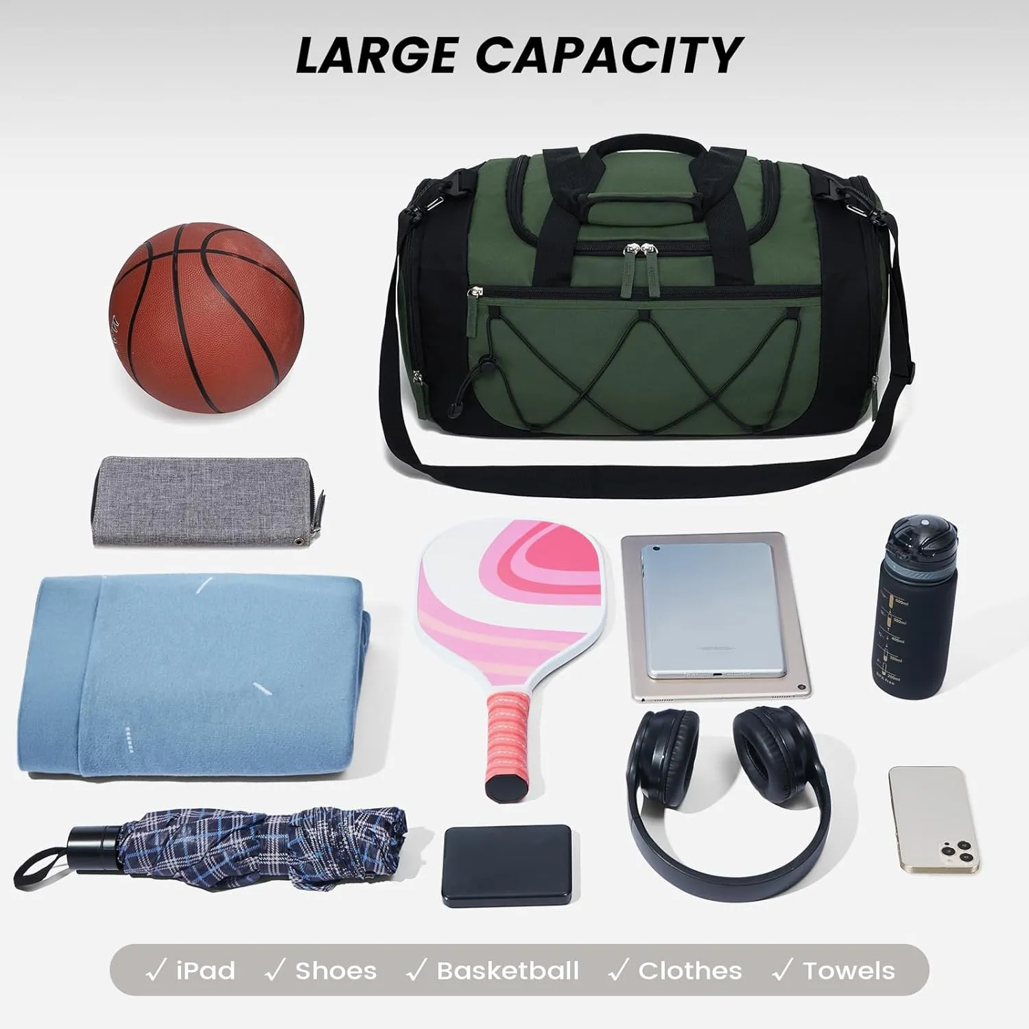 Vorspack Gym Bag for Men - 18 Inches Small Duffle Bag for Travel Lightweight Duffel Bag with Shoe Compartment Personal Item Travel Bag Weekender Bag for Travel Sports Gym - Green