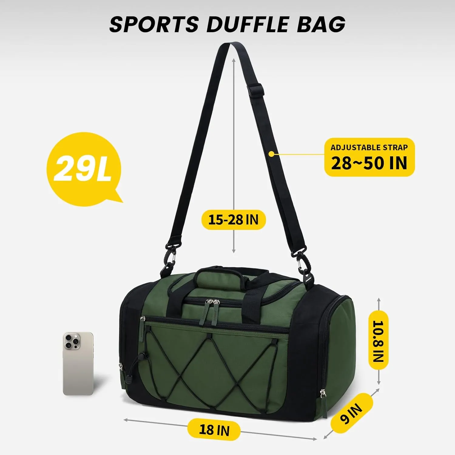 Vorspack Gym Bag for Men - 18 Inches Small Duffle Bag for Travel Lightweight Duffel Bag with Shoe Compartment Personal Item Travel Bag Weekender Bag for Travel Sports Gym - Green