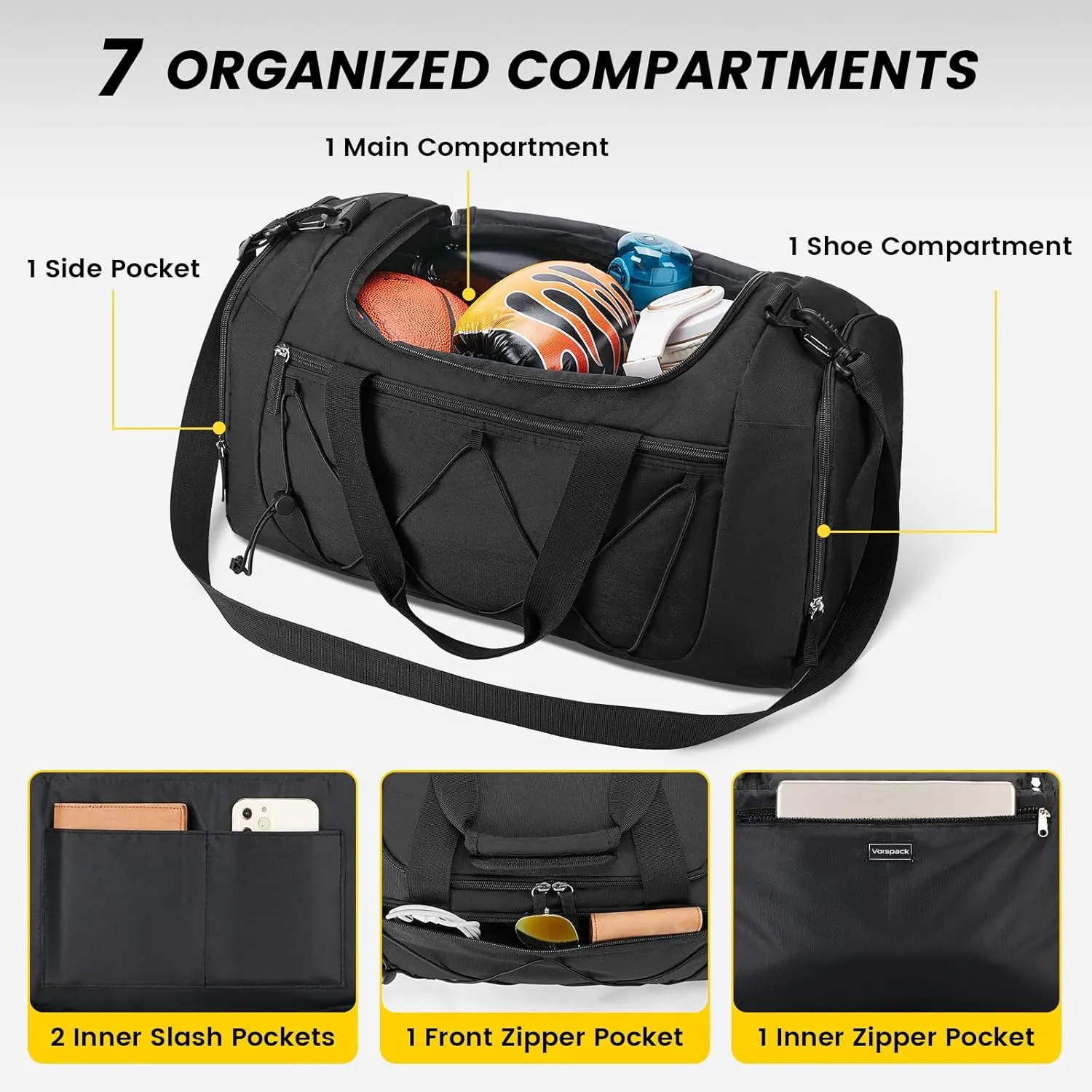 Vorspack Gym Bag for Men - 21 Inches Small Duffle Bag for Travel Lightweight Duffel Bag with Shoe Compartment Personal Item Travel Bag Weekender Bag for Travel Sports Gym - Black