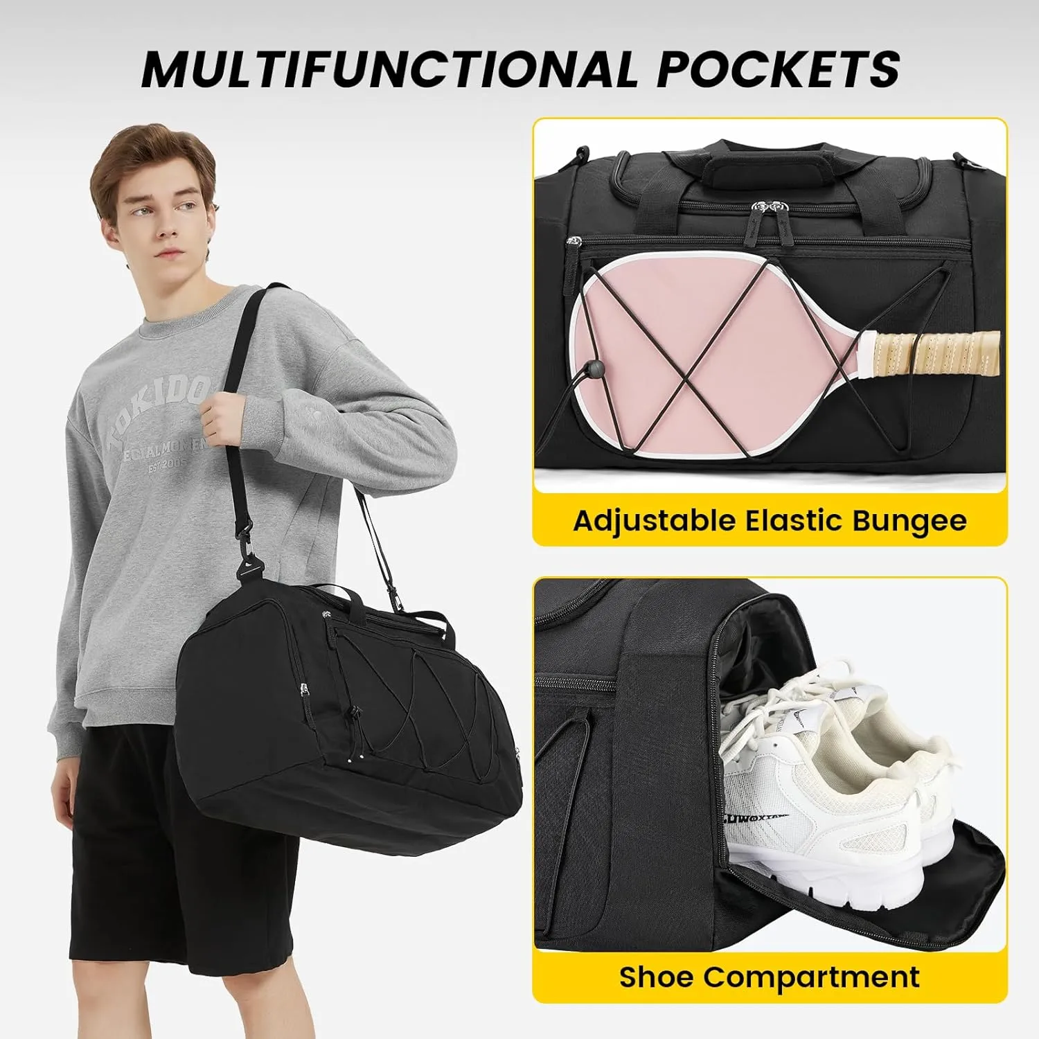 Vorspack Gym Bag for Men - 21 Inches Small Duffle Bag for Travel Lightweight Duffel Bag with Shoe Compartment Personal Item Travel Bag Weekender Bag for Travel Sports Gym - Black