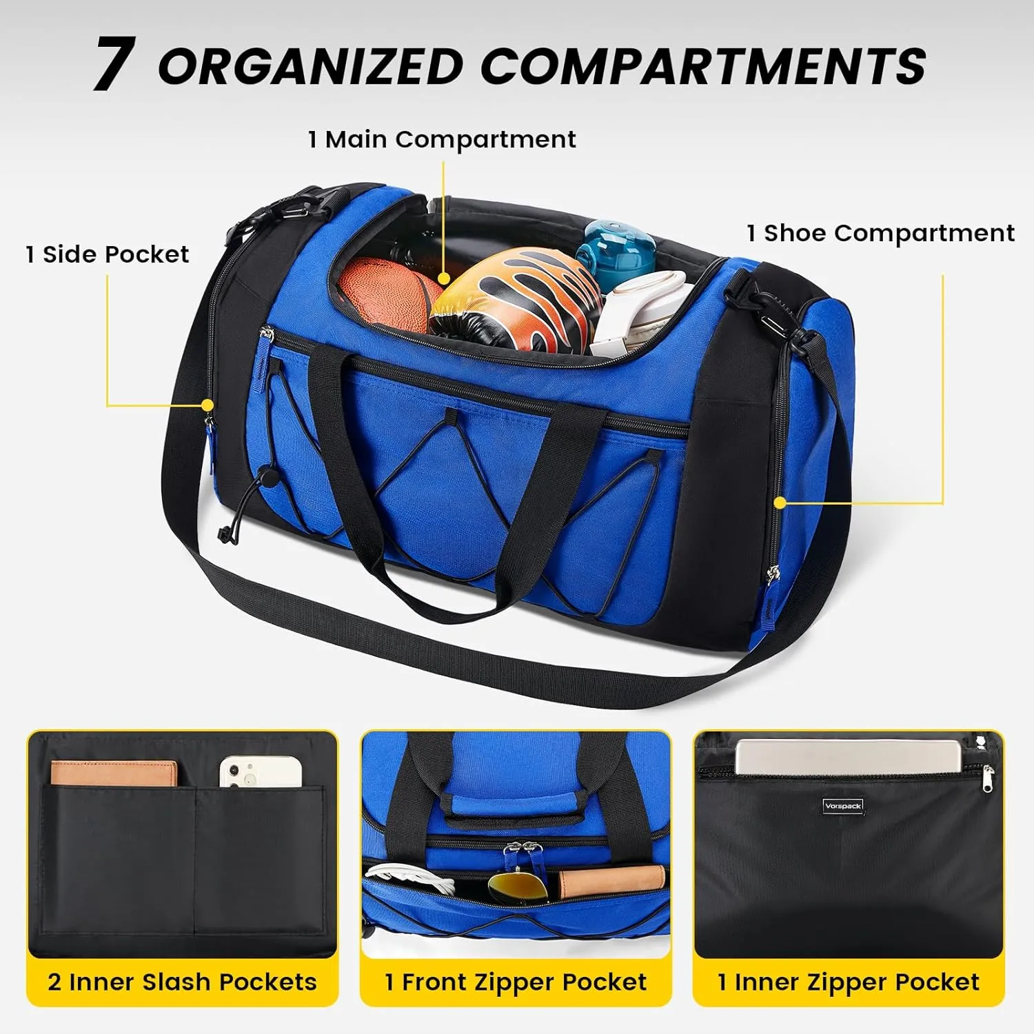 Vorspack Gym Bag for Men - 21 Inches Small Duffle Bag for Travel Lightweight Duffel Bag with Shoe Compartment Personal Item Travel Bag Weekender Bag for Travel Sports Gym - Blue