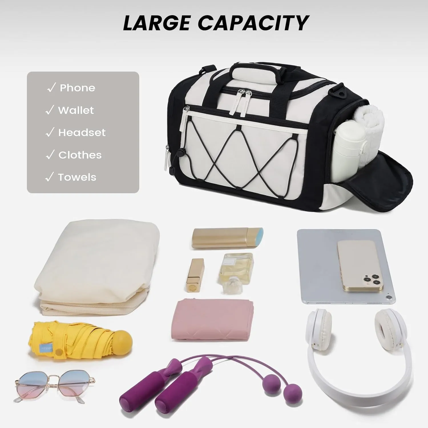 VVorspack Gym Bag for Women - 15 Inches Small Duffle Bag for Travel Lightweight Duffel Bag Personal Item Travel Bag Weekender Bag for Travel Sports Gym - Beige