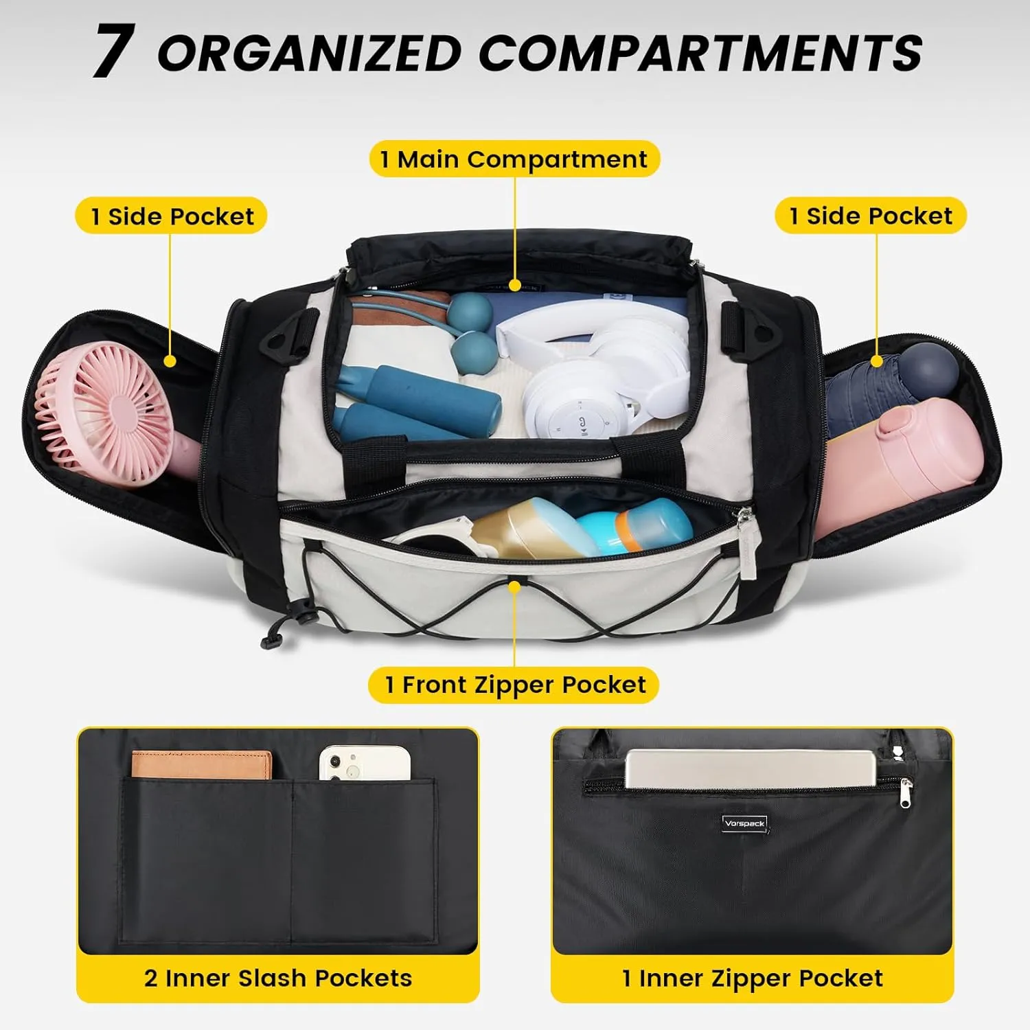 VVorspack Gym Bag for Women - 15 Inches Small Duffle Bag for Travel Lightweight Duffel Bag Personal Item Travel Bag Weekender Bag for Travel Sports Gym - Beige