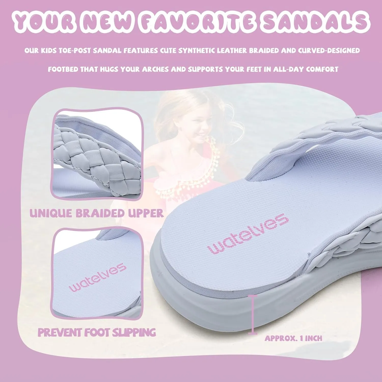 WateLves Girls Flip Flops Non-Slip Casual Thong Sandals Summer Sandal Shoes for Beach Swim Pool (Little Kid/Big Kid)