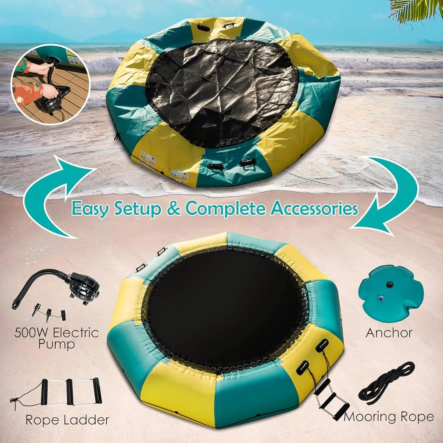 Water Inflatable Trampoline Park, Trampoline Ocean Children's Amusement Park Equipment Inflatable Swimming Platform with Slide,10FT/3M