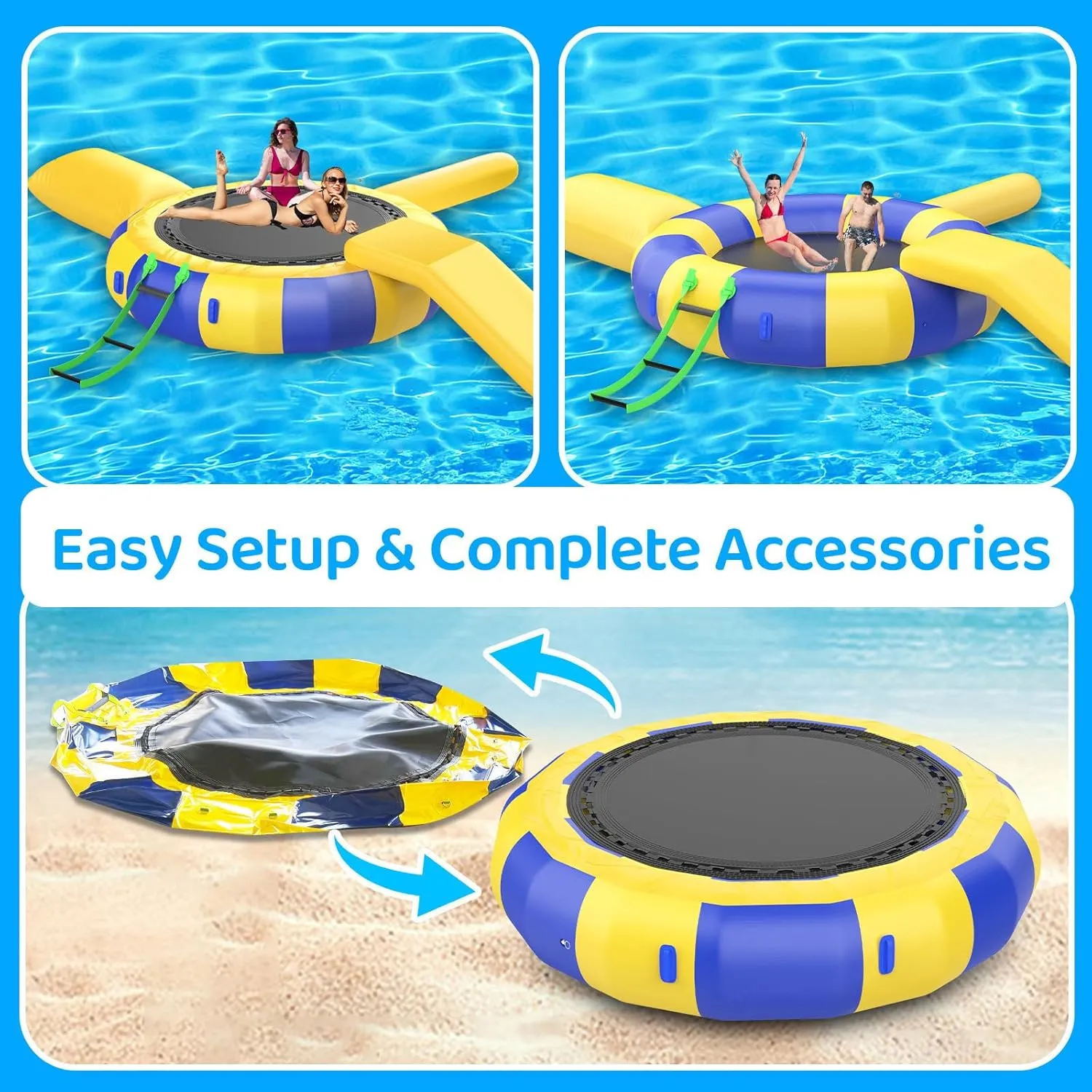 Water Trampoline for Lake,Water Trampoline Park,Inflatable Bounce Swimming Jumper Platform with Slide/Tube and Diving Pillow Bag,Suitable for Water and Land Gardens, Seaside,Green,13FT
