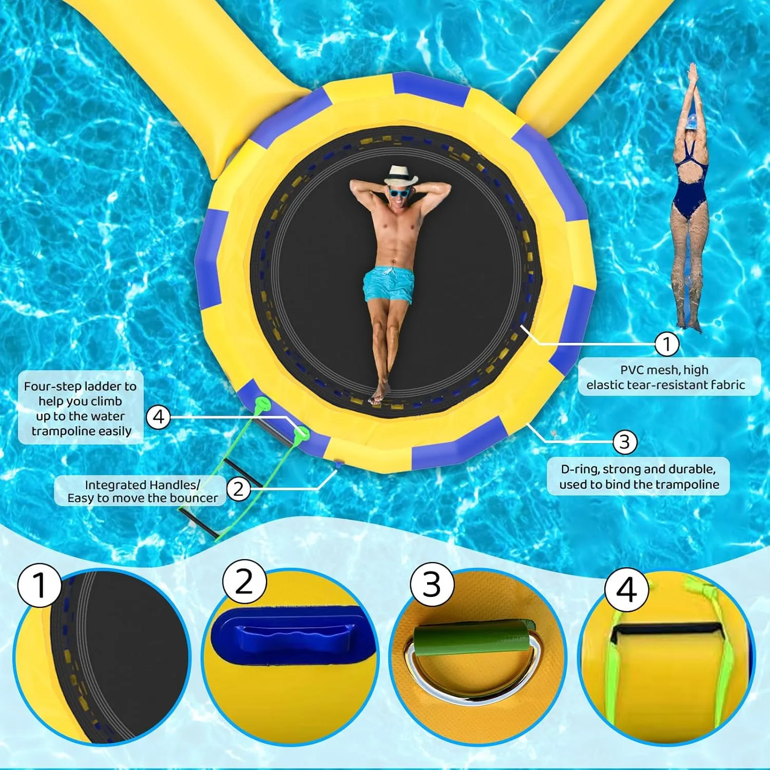Water Trampoline for Lake,Water Trampoline Park,Inflatable Bounce Swimming Jumper Platform with Slide/Tube and Diving Pillow Bag,Suitable for Water and Land Gardens, Seaside,Green,13FT