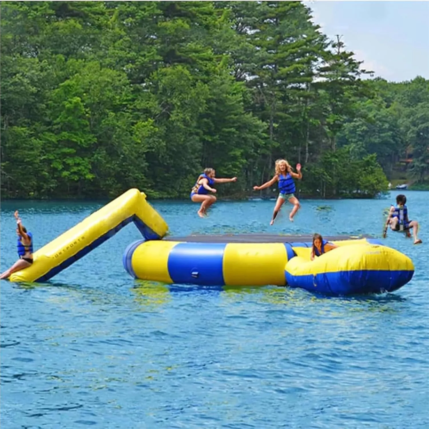 Water Trampoline for Lake,Water Trampoline Park,Inflatable Bounce Swimming Jumper Platform with Slide/Tube and Diving Pillow Bag,Suitable for Water and Land Gardens, Seaside,Green,13FT