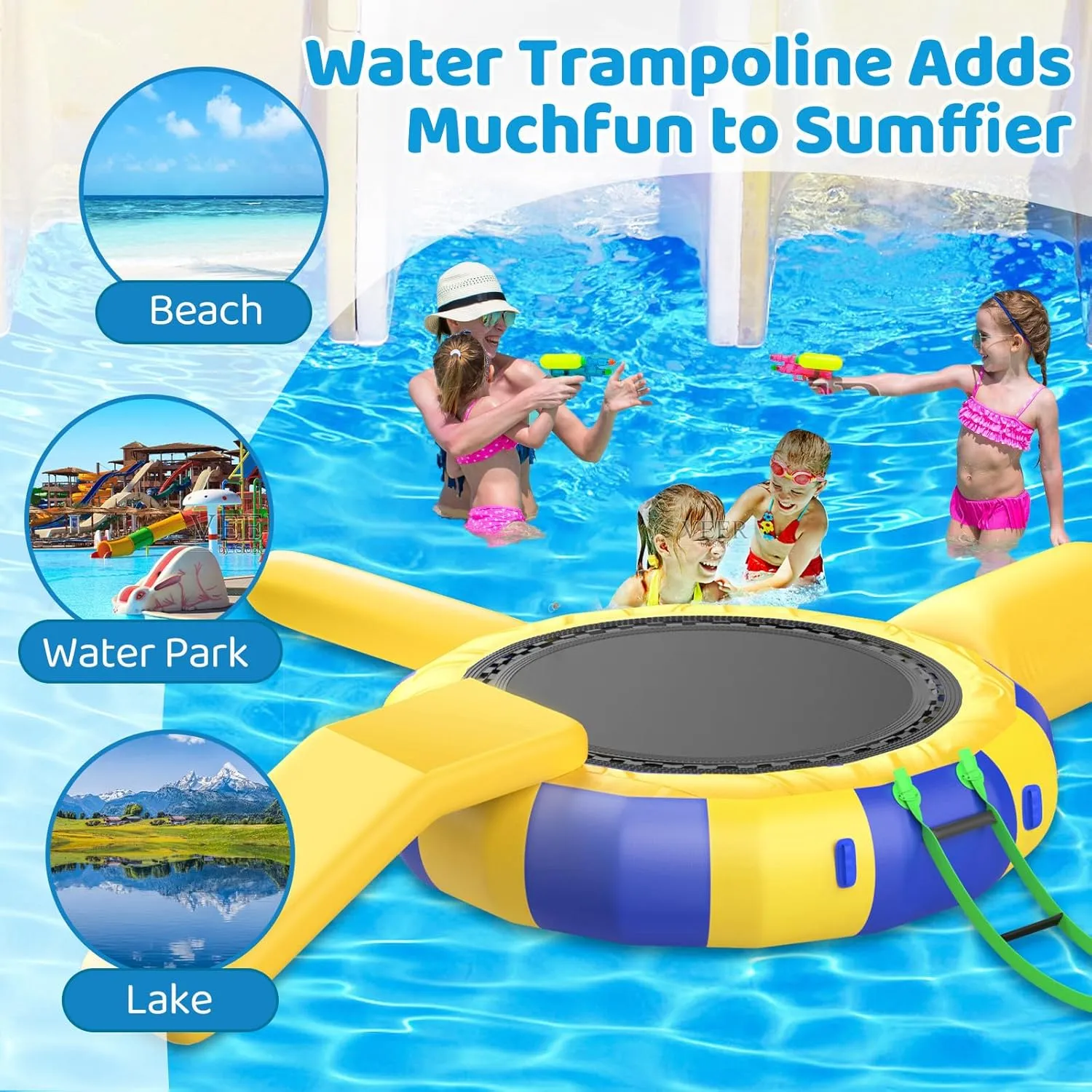 Water Trampoline for Lake,Water Trampoline Park,Inflatable Bounce Swimming Jumper Platform with Slide/Tube and Diving Pillow Bag,Suitable for Water and Land Gardens, Seaside,Green,13FT
