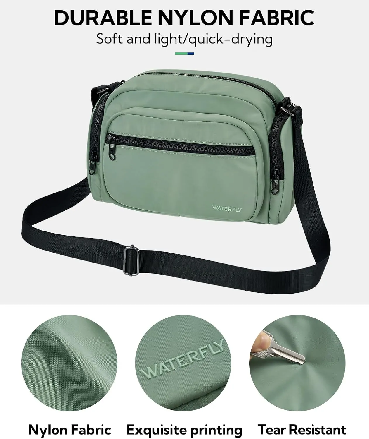 WATERFLY Multiple Pockets Crossbody Bags: 6L Large Nylon Purses 2025 - Travel Shoulder Cross Body Purse for Women Men
